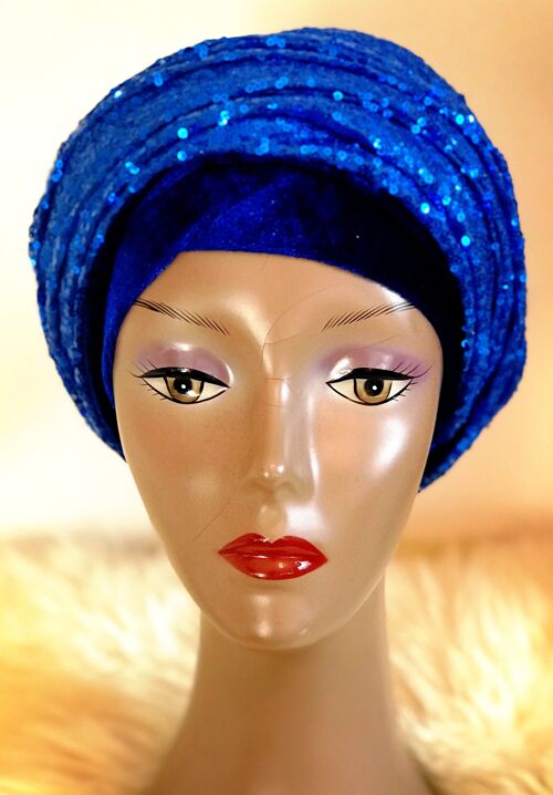 Double Sequin Velvet Turban Headwrap ola - Royal blue