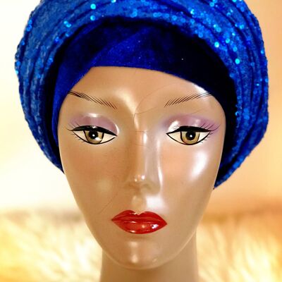 Turbante de terciopelo con doble lentejuela ola - Azul royal