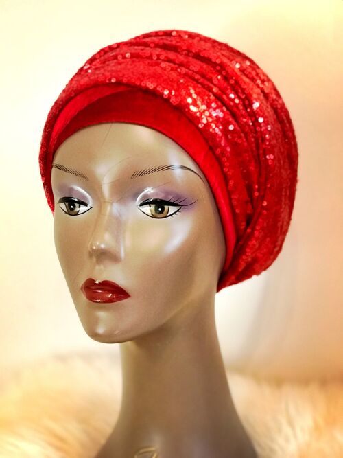 Double Sequin Velvet Turban Headwrap ola - Red