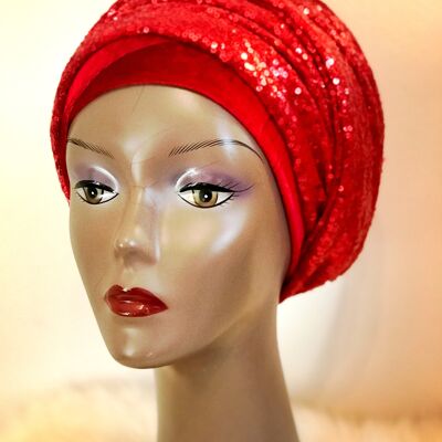 Turbante de terciopelo con doble lentejuela ola - Rojo