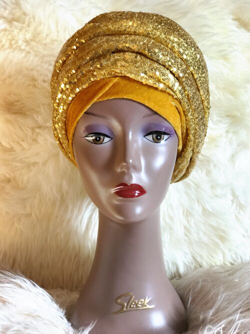 Double Sequin Velvet Turban Headwrap ola - Gold