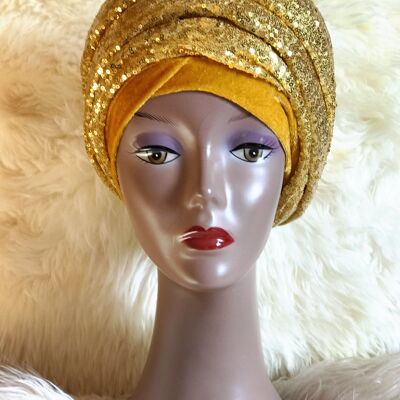 Turbante de terciopelo con doble lentejuela ola - Dorado