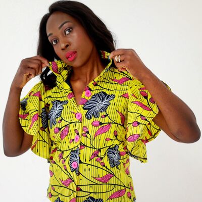 African Print Flare Sleeve Ankara Collar Shirts - Yellow