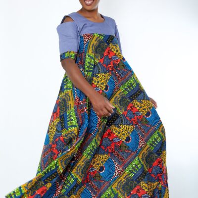 Vestido largo combinado de mezclilla con estampado africano de ObMiageli (disponible en tallas grandes)