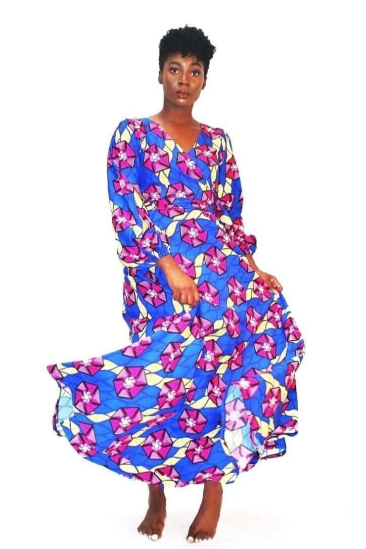 Abike African Print mehrfarbiges Ankara-Maxi-Wickelkleid aus Seide