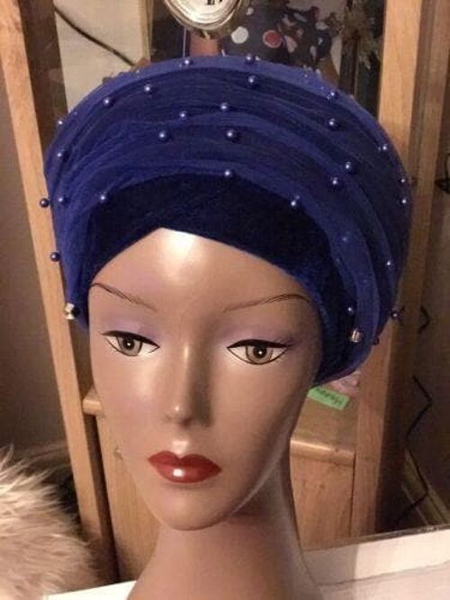 Double Beaded velvet Turban headwraps With Mesh Net in Royal Blue