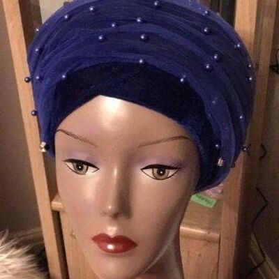 Double Beaded velvet Turban headwraps With Mesh Net in Royal Blue