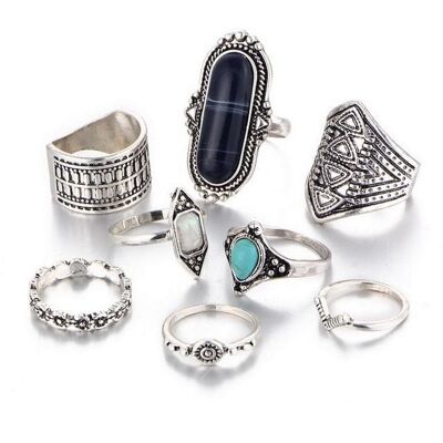 8-teiliges Set Vintage Ring inspiriert vom Bohème-Stil silber/schwarz