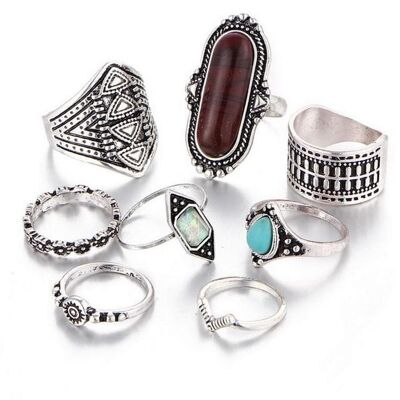 8-teiliges Set Vintage Ring inspiriert vom Bohème-Stil silber/braun