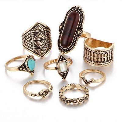 Set de 8 piezas Anillo Vintage inspirado en el estilo BohemMian - Oro