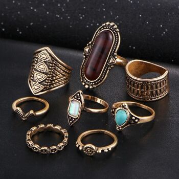 Ensemble de 8 pièces Bague vintage inspirée du style bohème - Or 4