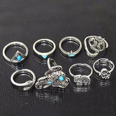 8pcs Boho Retro Elephant Snake Blue Rings ilver