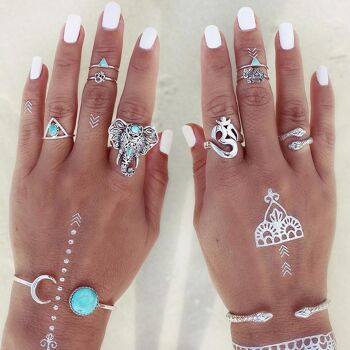 8pcs Boho Retro Elephant Snake Blue Rings ilver 2