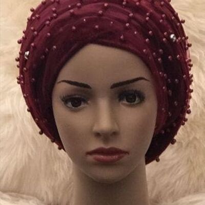 Full Beaded Double Burgundy velvet Turban headwraps. Other colours Available