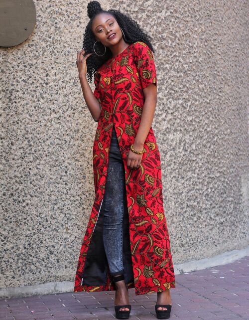 African Print Front Slit Long Blouse/Top - Red