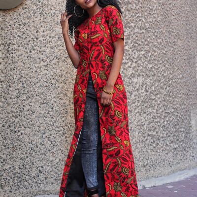 Lange Bluse/Top mit afrikanischem Aufdruck vorne geschlitzt - Rot
