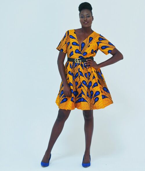 African Print Ankara women Tea Dress Blue Bulb