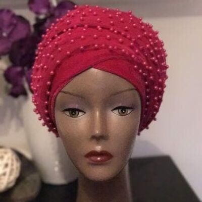 Copricapo con turbante in velluto doppio con perline rosa ....disponibile in colore diff