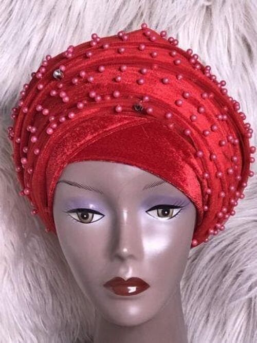 Fully Beaded Red Double velvet Turban Head Wraps