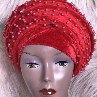 Fully Beaded Red Double velvet Turban Head Wraps