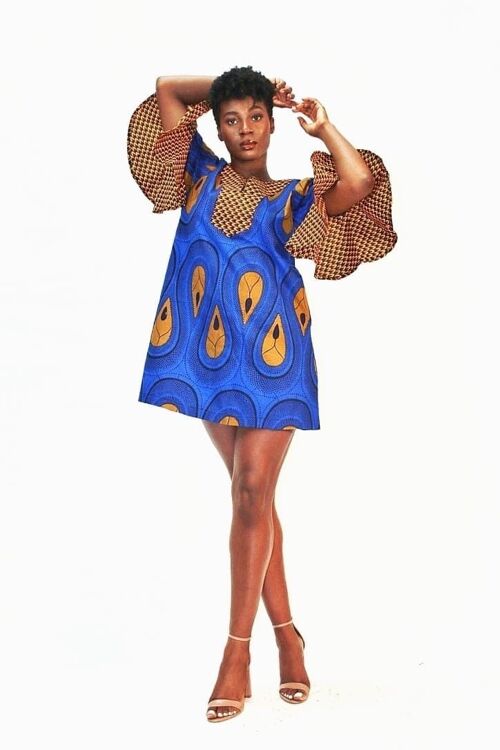 African Ankara Print Summer Shift Dress -Blue