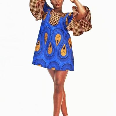 Abito a trapezio estivo con stampa Ankara africano - Blu