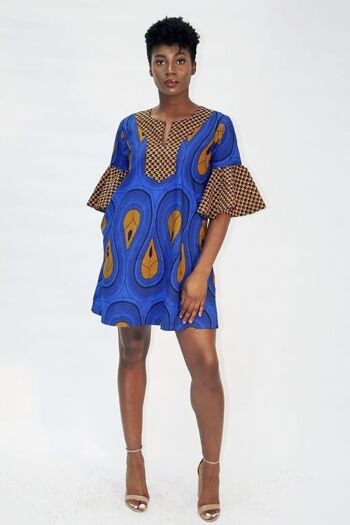 Robe droite d'été à imprimé africain Ankara -Bleu 2