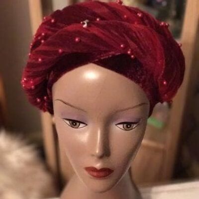 Double Beaded velvet Turban headwraps In Burgundy (other Colours available)