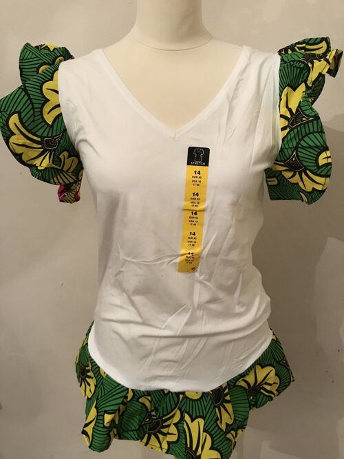 Ankara jersey top - White with lace sleeves