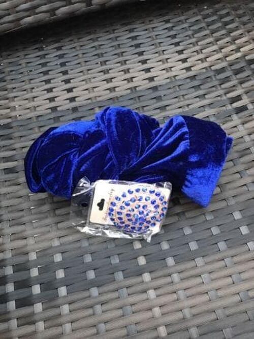 Plain Small Velvet Turban Head Wrap (Single wrap) With Brooch - Royal Blue