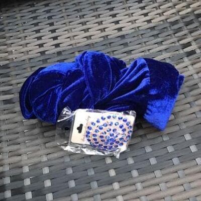 Plain Small Velvet Turban Head Wrap (Single wrap) With Brooch - Royal Blue