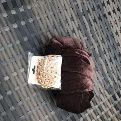 Plain Small Velvet Turban Head Wrap (Single wrap) With Brooch - Brown