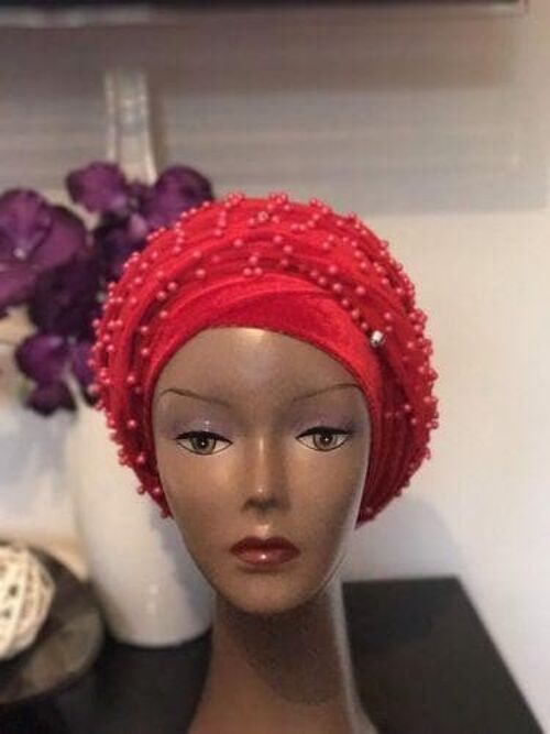 Red Fully Beaded Double velvet Turban headwraps ....available in diff colour