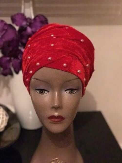 Double Pearl Velvet Turban headwraps In Red (other Colours Available)