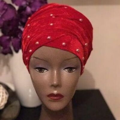Turbante de terciopelo perlado doble en rojo (otros colores disponibles)