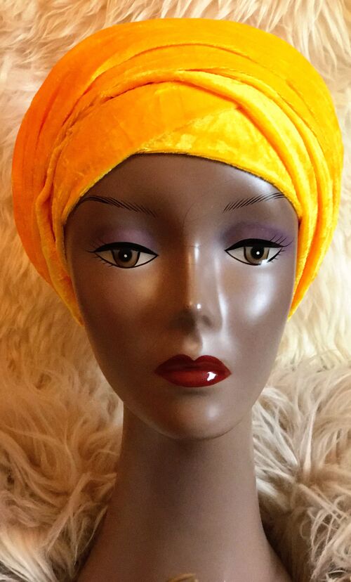 Velvet Plain Turban Headwrap with Double Hand - Yellow