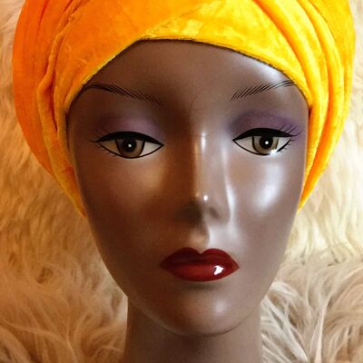 Velvet Plain Turban Headwrap with Double Hand - Yellow