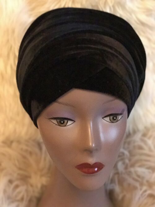 Velvet Plain Turban Headwrap with Double Hand - Black