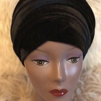 Velvet Plain Turban Headwrap with Double Hand - Black