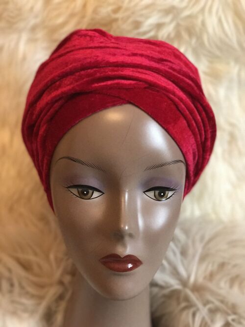 Velvet Plain Turban Headwrap with Double Hand - Red