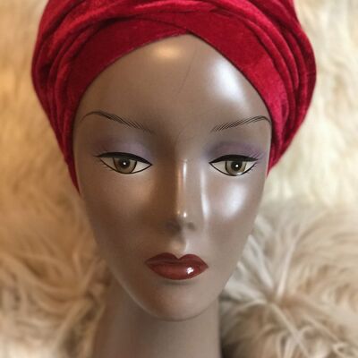 Velvet Plain Turban Headwrap with Double Hand - Red