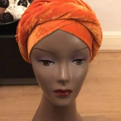 Velvet Plain Turban Headwrap with Double Hand - Orange