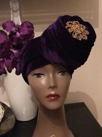 Bandeau turban uni en velours avec double main - Violet 1