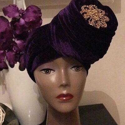 Turbante liso de terciopelo con doble mano - Púrpura
