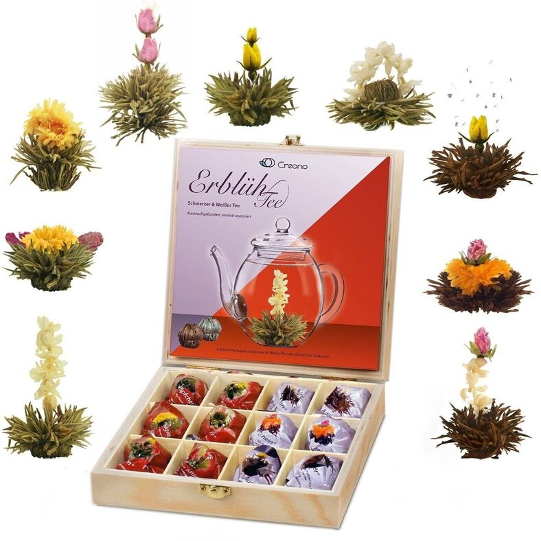 Creano Fleurs de thé Mix - Set cadeau doré Thé fleuri avec théière