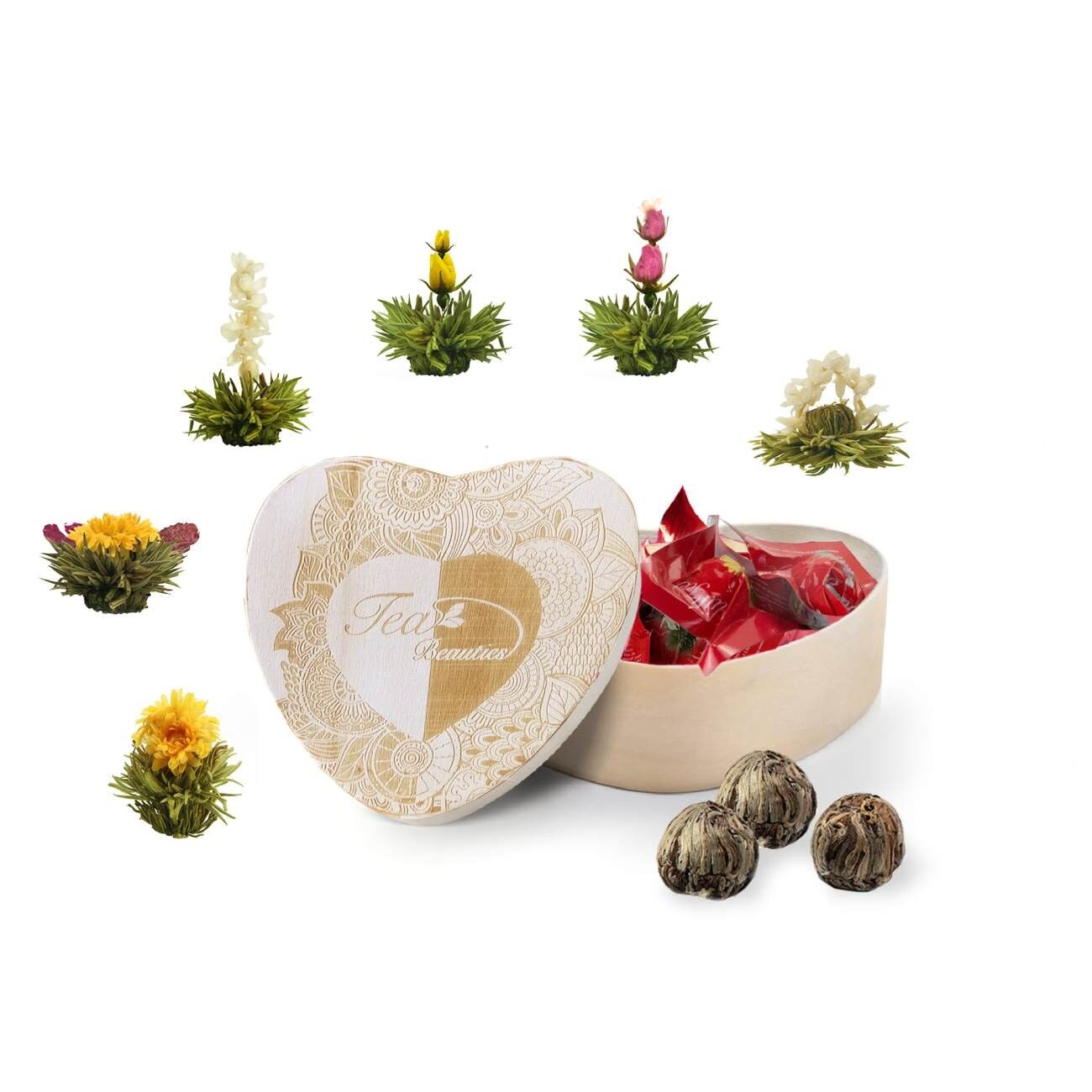 Creano Tea Flowers Heart Scatola di legno AbloomTee "White Tea"