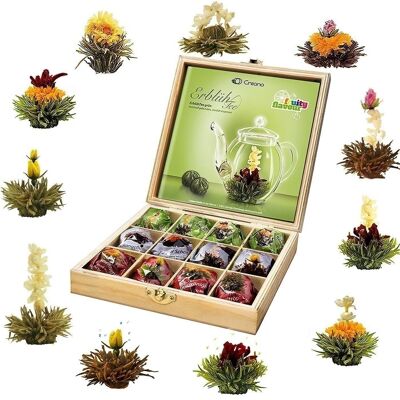 Juego de regalo de flores de té Creano en una caja de té de madera 12 tés de flores en 11 variedades té blanco, té verde, té negro, rosas de té