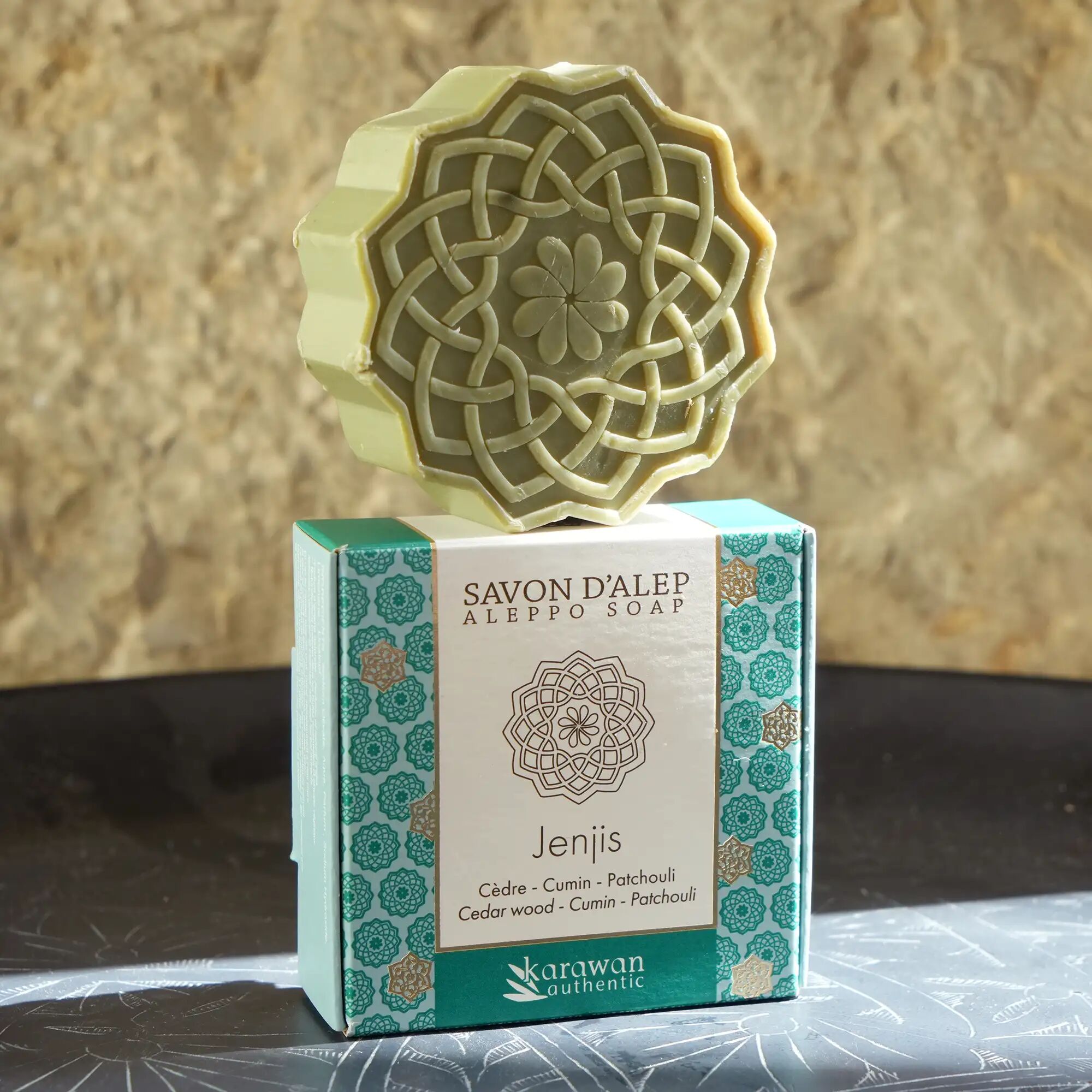 ALEPPO SOAPS WITH WOODY SCENT - WARM GOLD CASES - JENJIS - 100G - SOLD IN PACKS OF 6