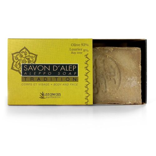 SAVON D'ALEP TRADITION - HUILE D'OLIVE 92% ET DE LAURIER 8% - EN BOÎTE FOURREAU - 200g