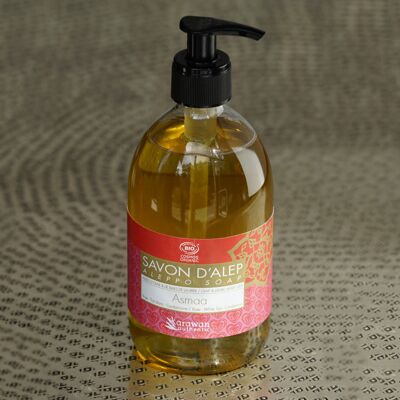 Jabón de Alepo líquido orgánico fragancia floral, cuerpo, cara y manos, botella dosificador